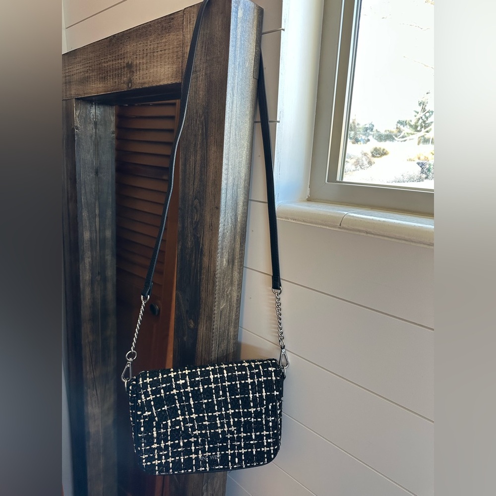 Nine West tweed crossbody bag black cream chain strap shoulder purse - Picture 2 of 6